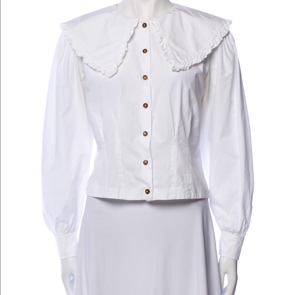 Ganni Organic white cotton button down shirt ruffle collar